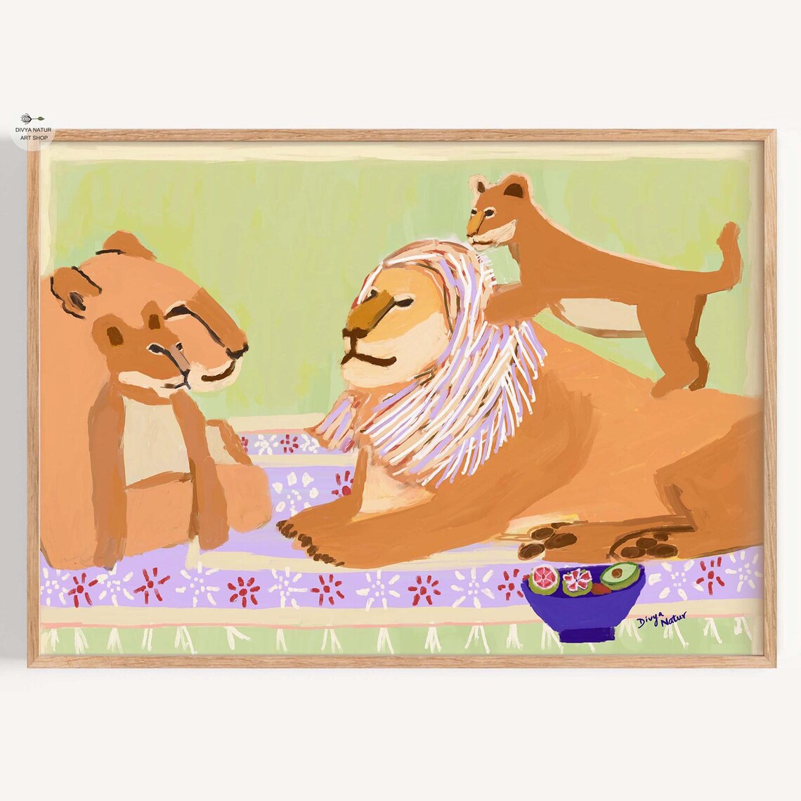 Lion Family Bohemian Style Wildlife Painting Nursery Kids Art Poster