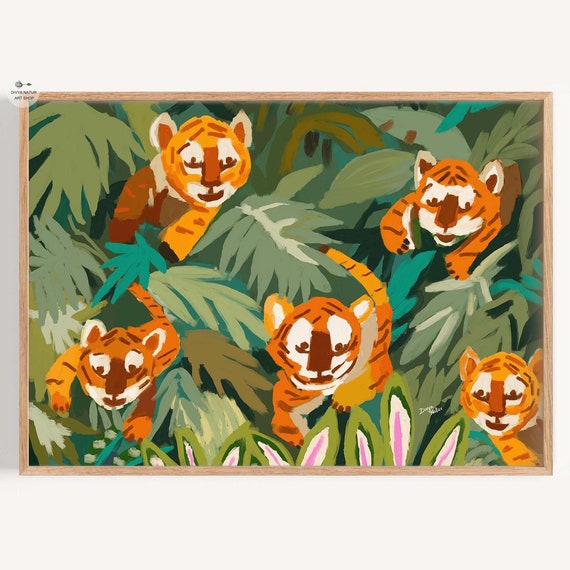 Tiger Cubs Jungle Art Print Playful Tropical Painting