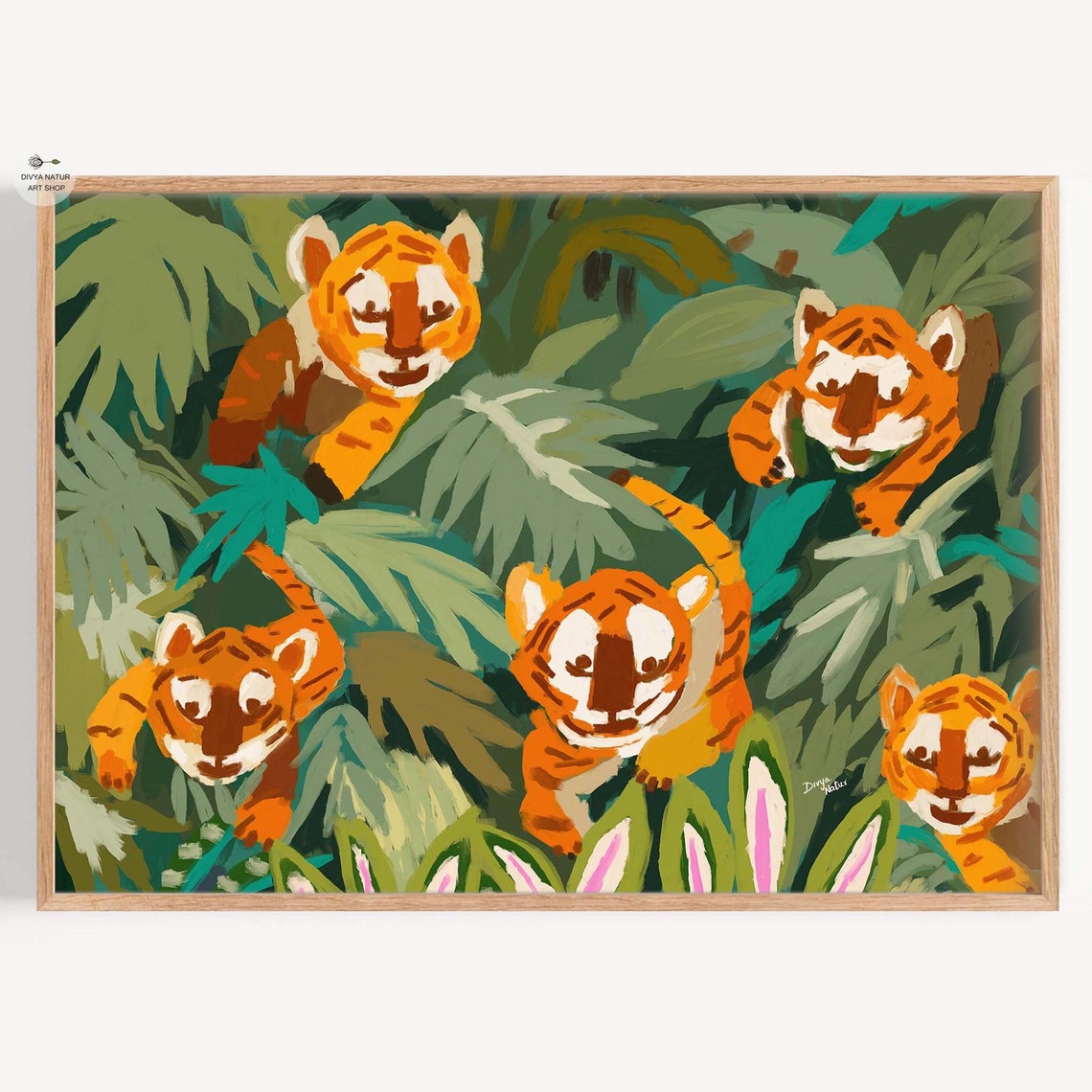 Tiger Cubs Jungle Art Print Playful Tropical Painting