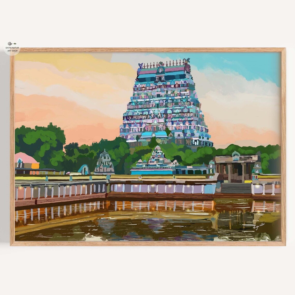 Temple Tower Reflected in a Sacred Tank at Glowing Sunset Art Print