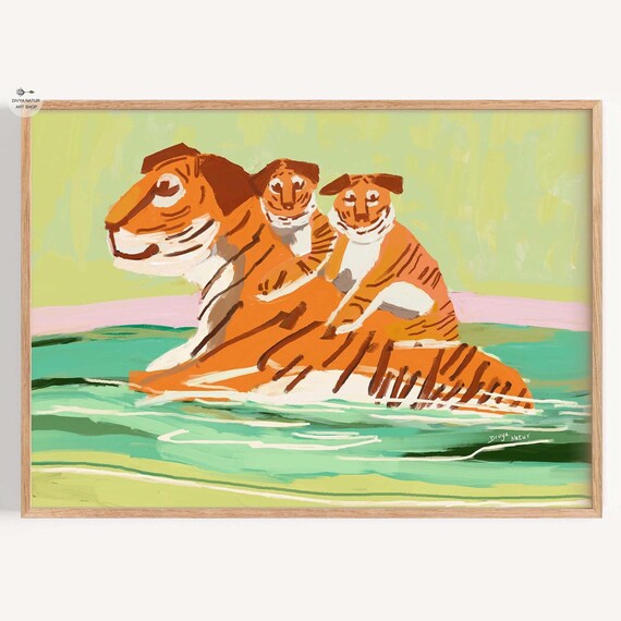 Tiger Swimming With Two Cubs on Back Whimsical Wildlife Painting Poster