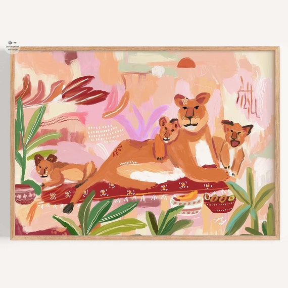 Lioness And Cubs Art Print Abstract Wildlife Painting Premium Fine