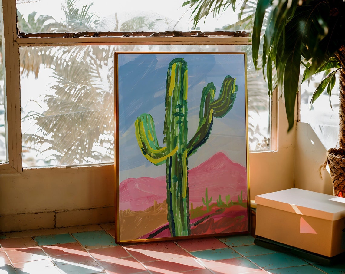 Saguaro Cactus Desert Wall Art Painterly Green Cactus Pink Mountains
