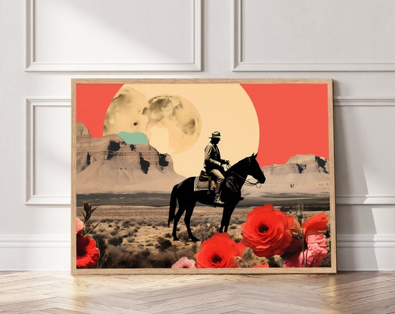 Western Cowboy Collage Art Print Desert Landscape