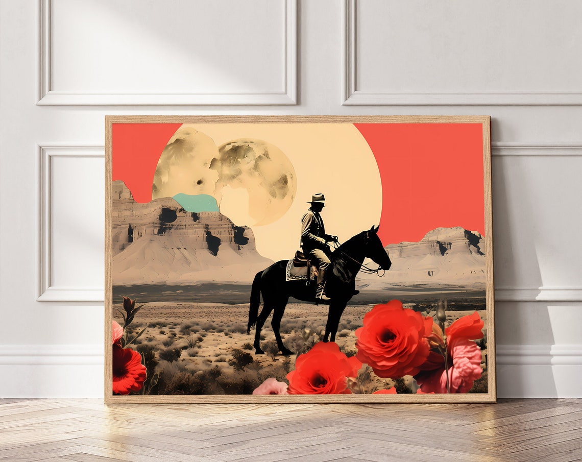 Western Cowboy Collage Art Print Desert Landscape