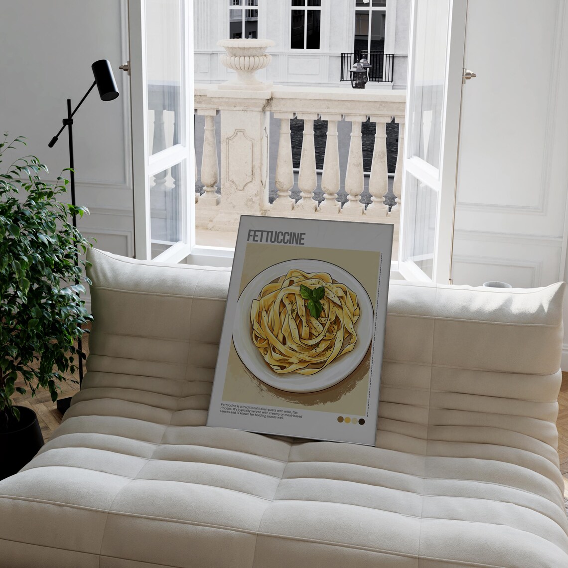 Fettuccine Pasta Bowl Basil Italian Cuisine Illustrated Poster - Image 2