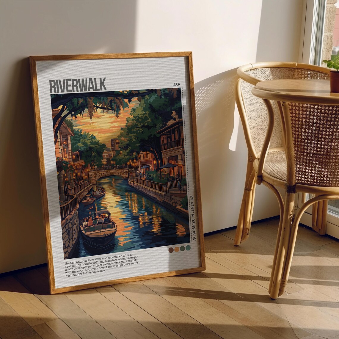 San Antonio Riverwalk Canal Boats Sunset Texas Travel Poster - Image 6