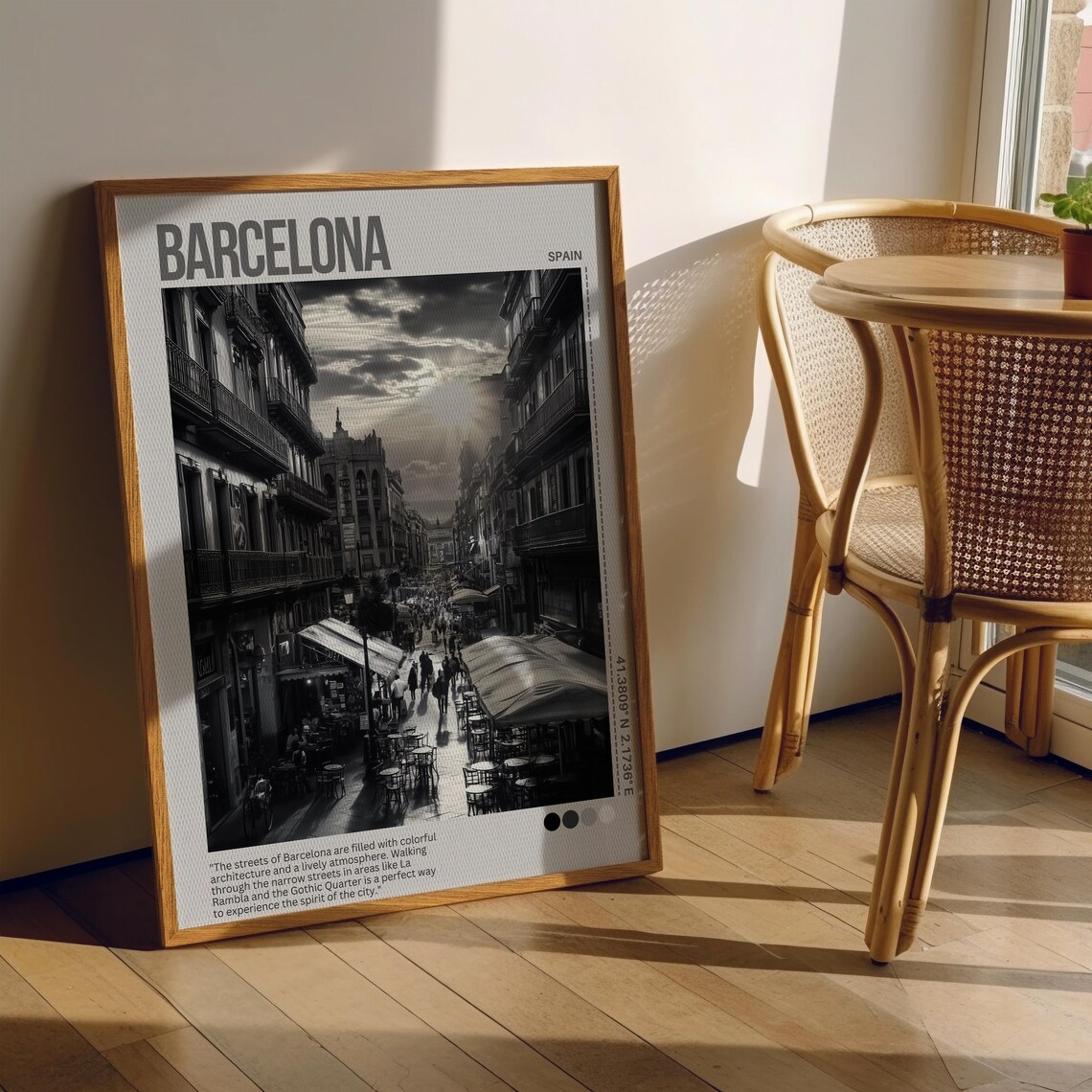 Barcelona Spain La Rambla Street Cafe Black White Photo Poster - Image 4