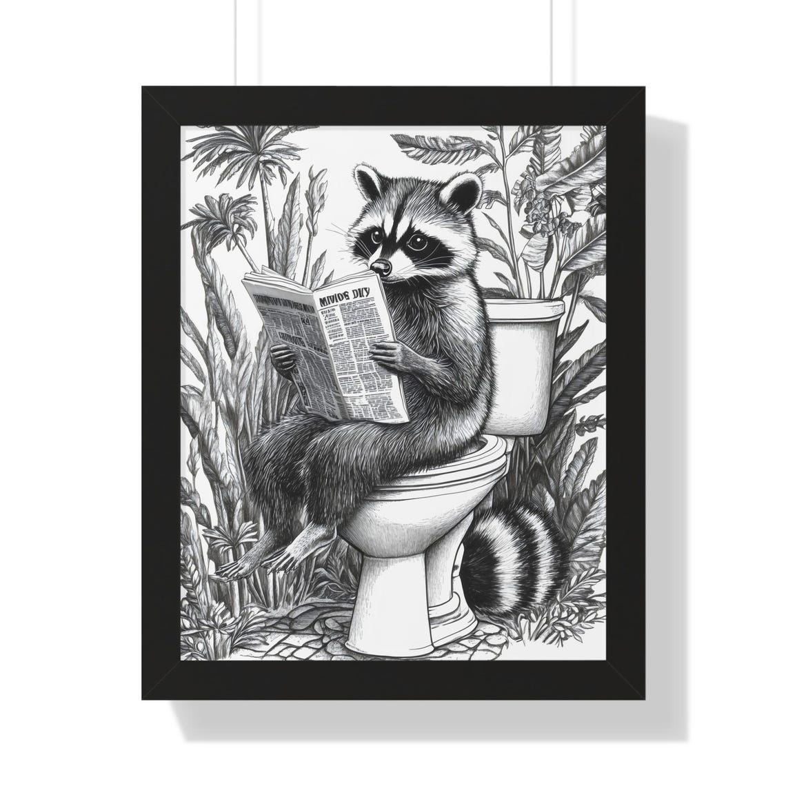 Raccoon Reading Newspaper on Toilet Vintage Botanical Line Art Poster - Image 3