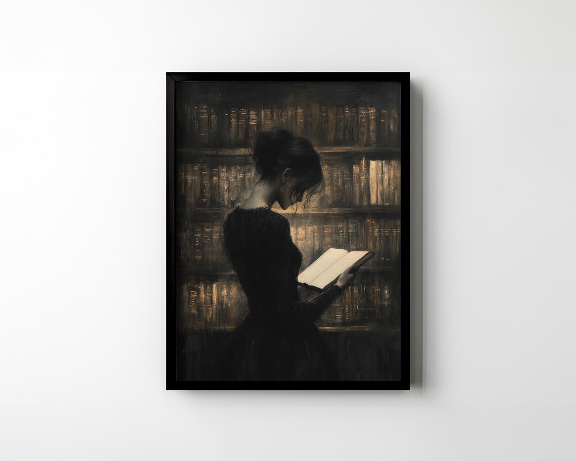 Woman Reading in Dark Library Moody Vintage Oil Painting Wall Poster - Image 3