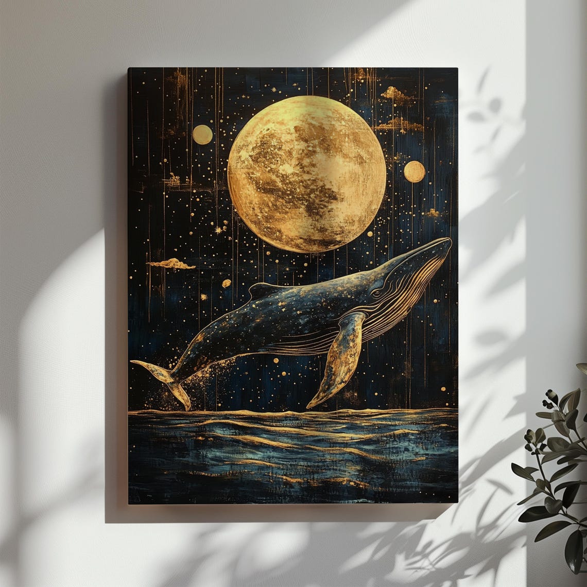 Whale Swimming Up Toward Golden Moon Starry Night Sea Wall Art - Image 2