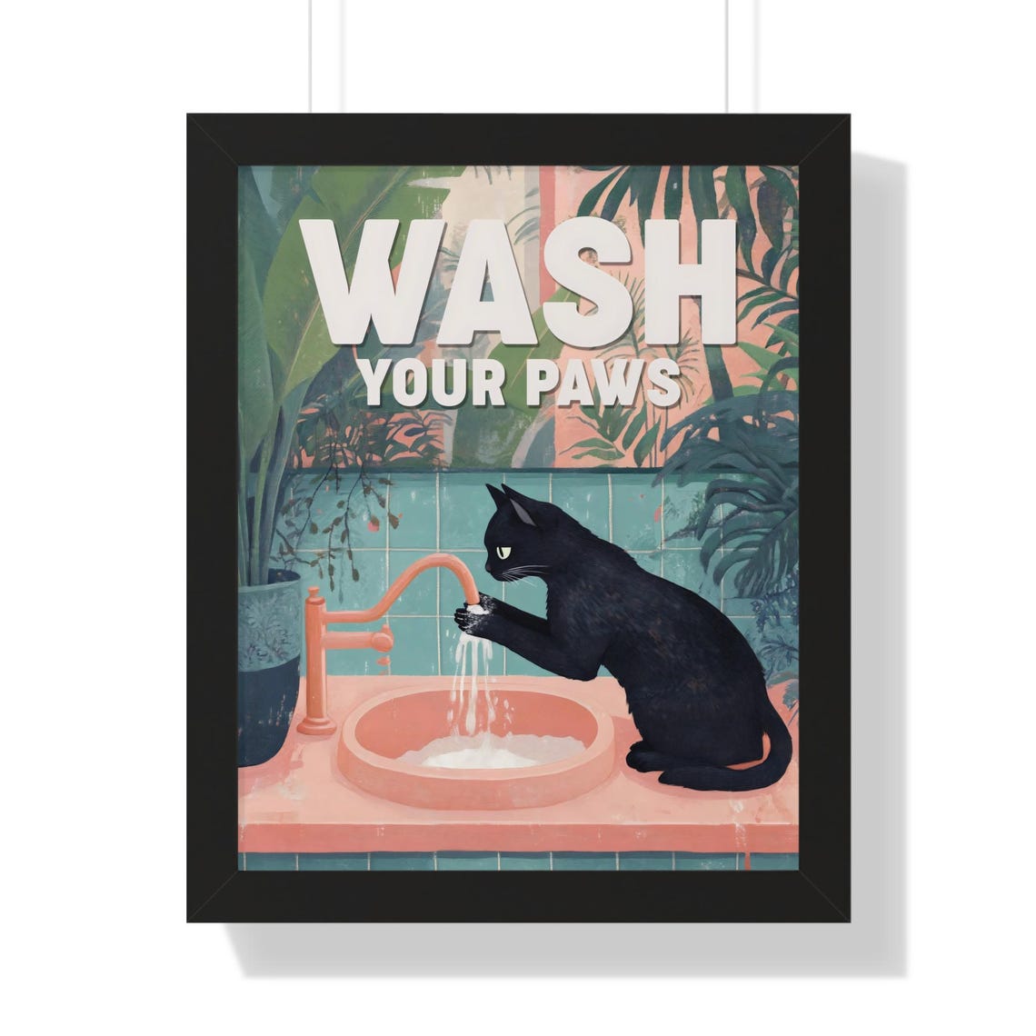 Wash Your Paws Black Cat at Faucet Peach Bathroom Sign Poster - Image 3