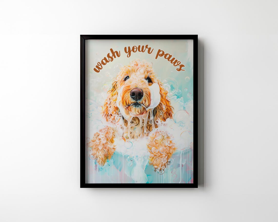 Wash Your Paws Fluffy Goldendoodle Dog Covered in Bubbles Wall Art - Image 3