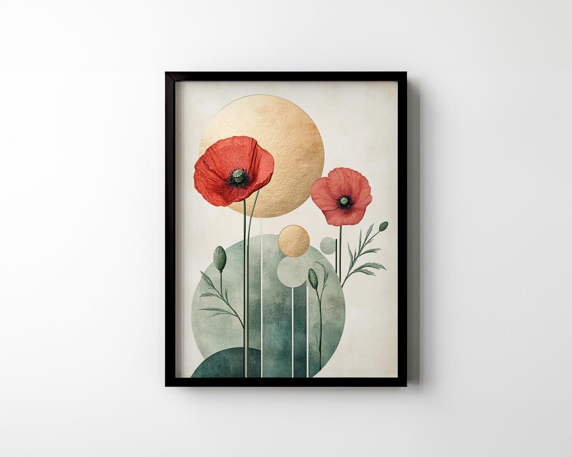 Red Poppy Flowers and Gold Sun Mid Century Modern Floral Poster - Image 2