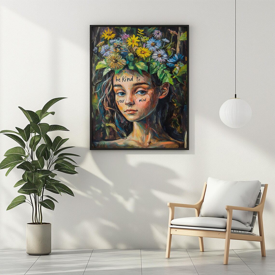 Be Kind to Your Mind Wildflower Crown Girl Oil Painting Poster - Image 2