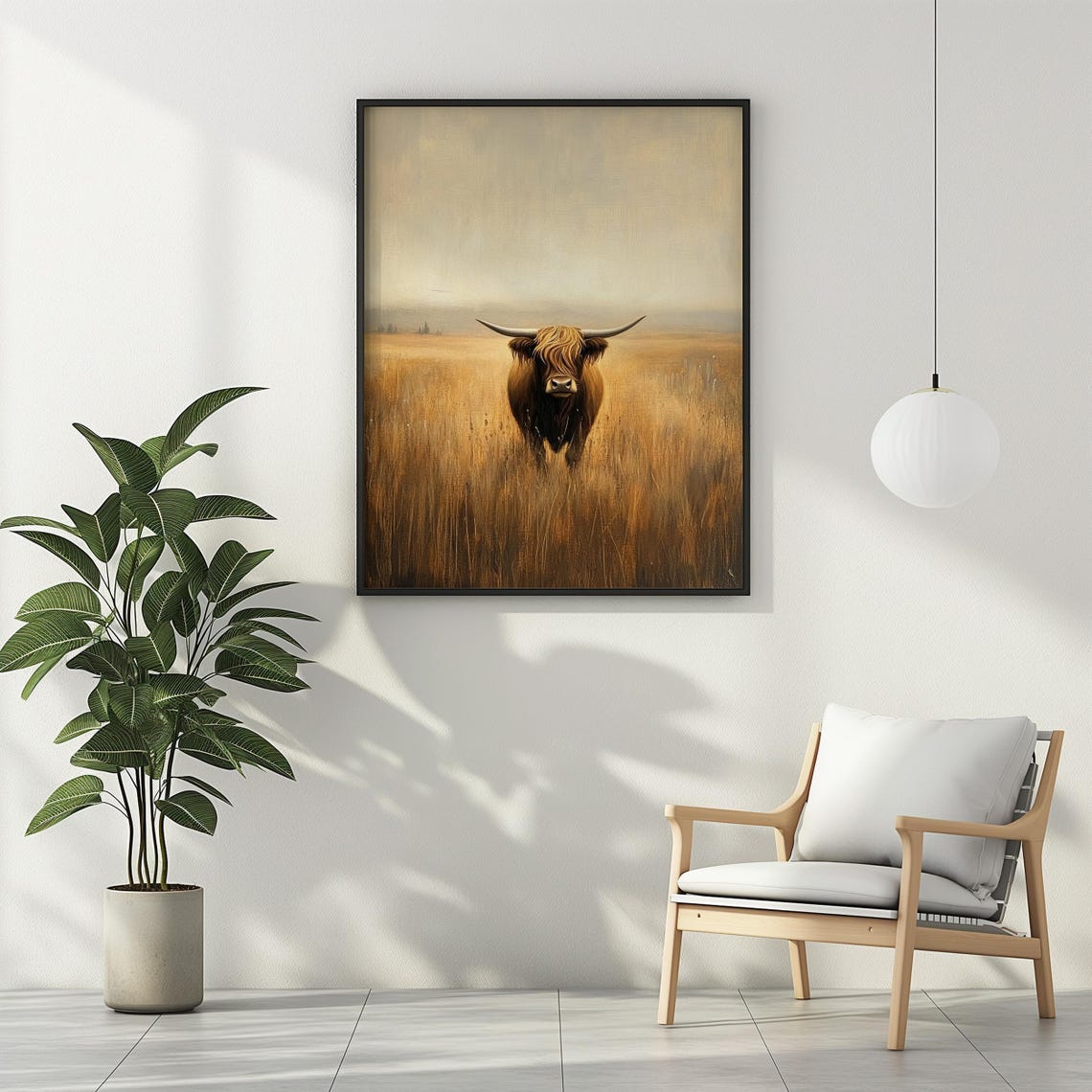 Highland Cow Standing In Golden Wheat Field Minimalist Wall Art - Image 2