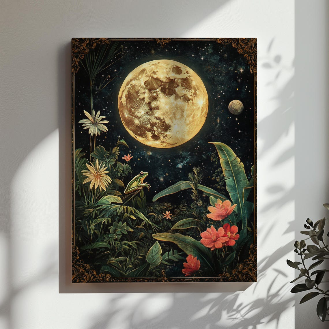 Golden Full Moon over Dark Jungle with Frog Celestial Night Art Poster - Image 2
