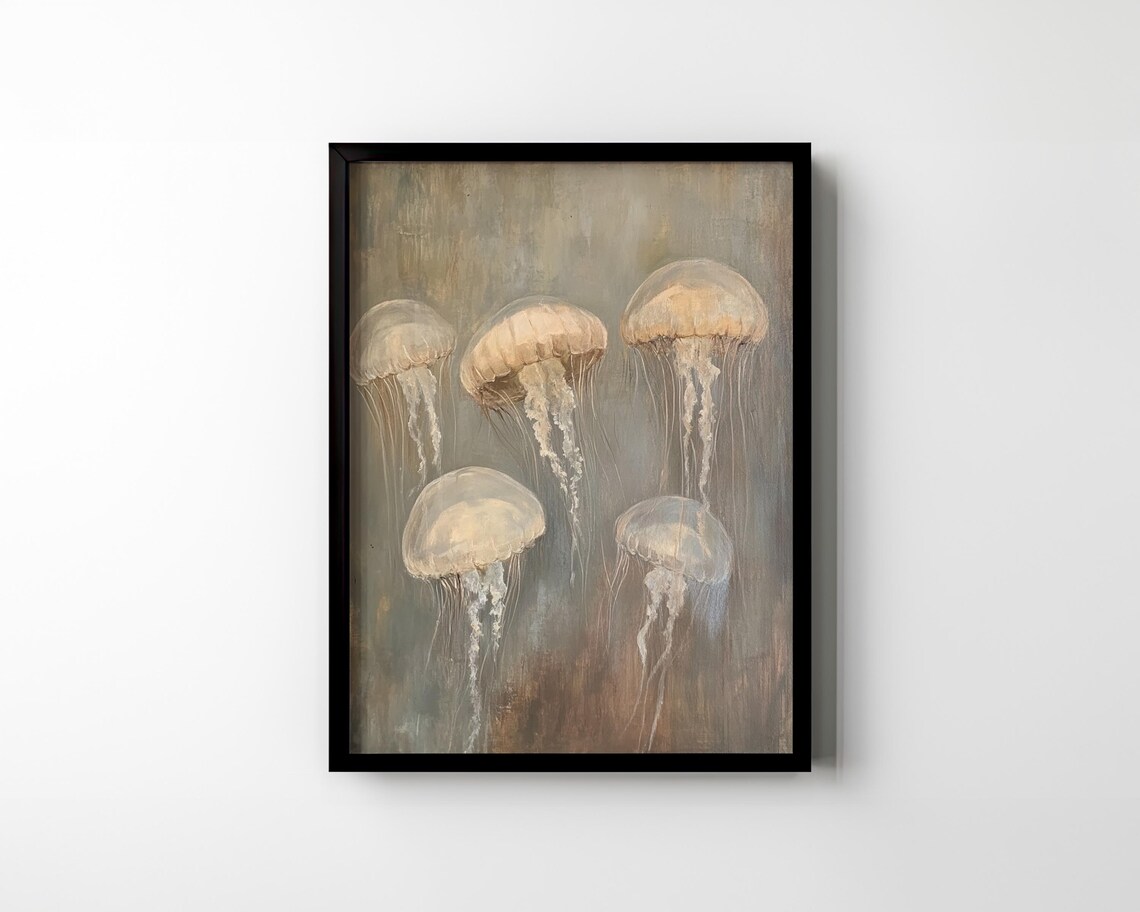 Moody Vintage Jellyfish Group Muted Neutral Ocean Oil Painting Poster - Image 2