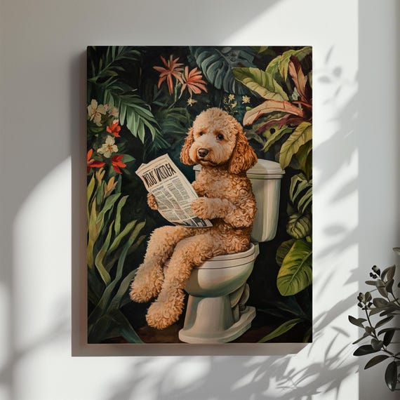 Goldendoodle Toilet Print Funny Dog Bathroom Wall Art Tropical Plants Green Labradoodle Gift Bathroom Restroom Wall Art Matte