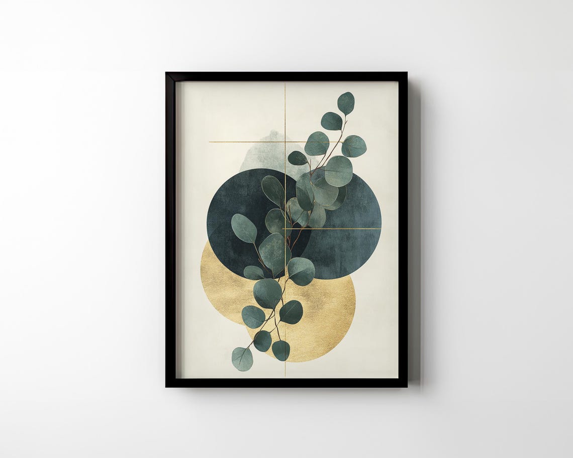 Eucalyptus Branch and Golden Circles Modern Botanical Abstract Poster - Image 3