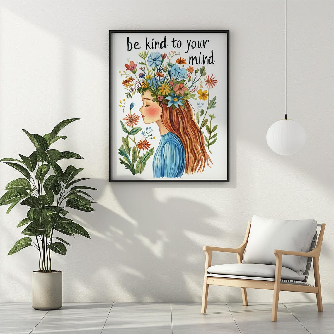 Be Kind to Your Mind Girl Wildflower Watercolor Affirmation Art Poster - Image 2