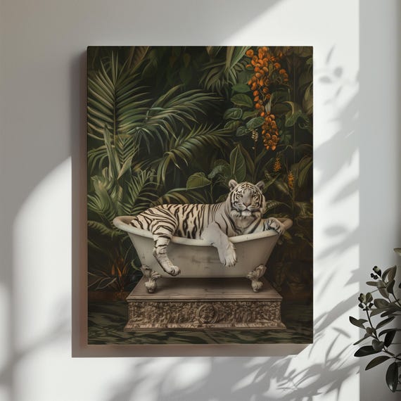 White Tiger Bathtub Print Funny Tiger Bathroom Wall Art Tropical Plants Dark Green Toilet Restroom Wall Art Gift Matte