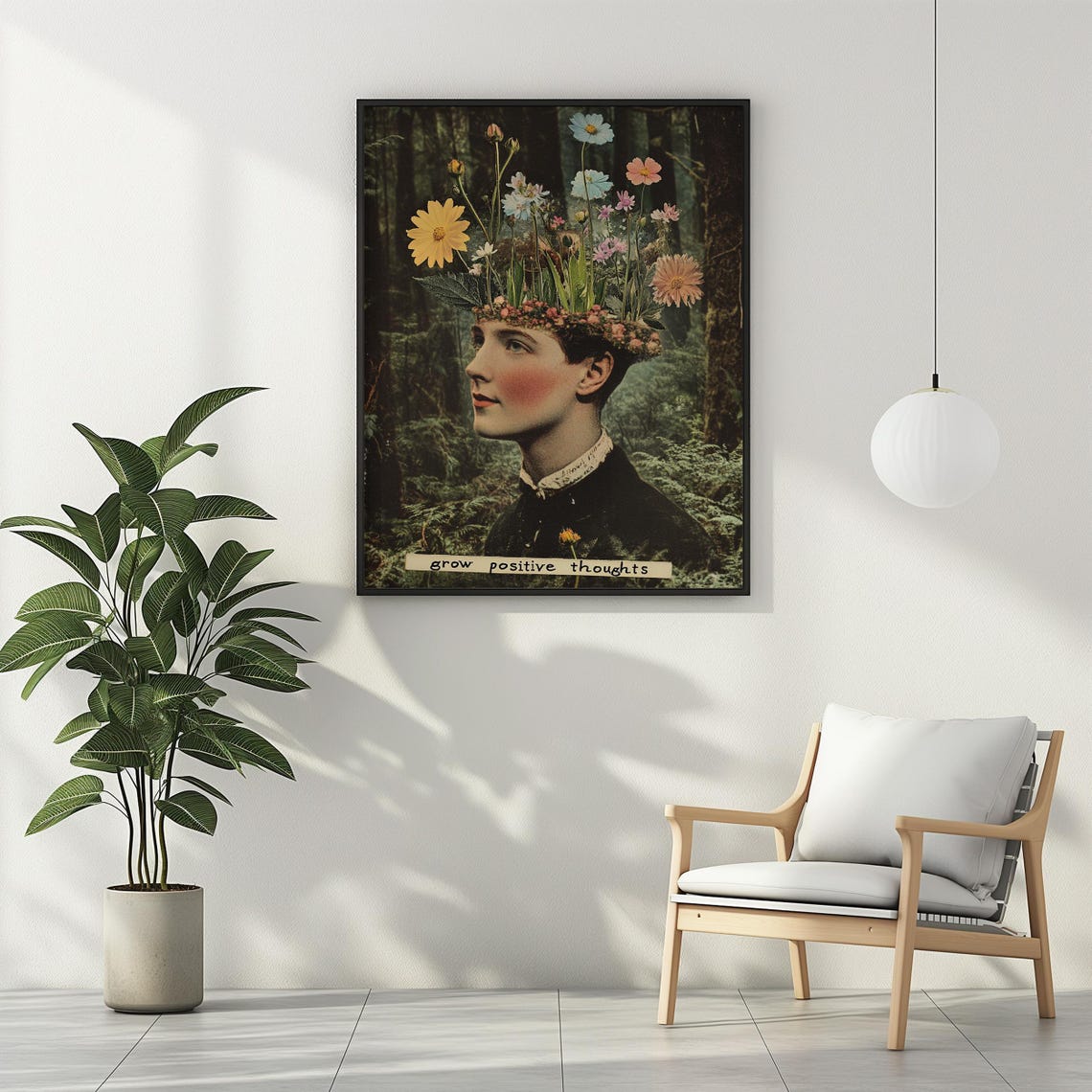 Grow Positive Thoughts Vintage Woman Floral Mind Collage Poster - Image 2