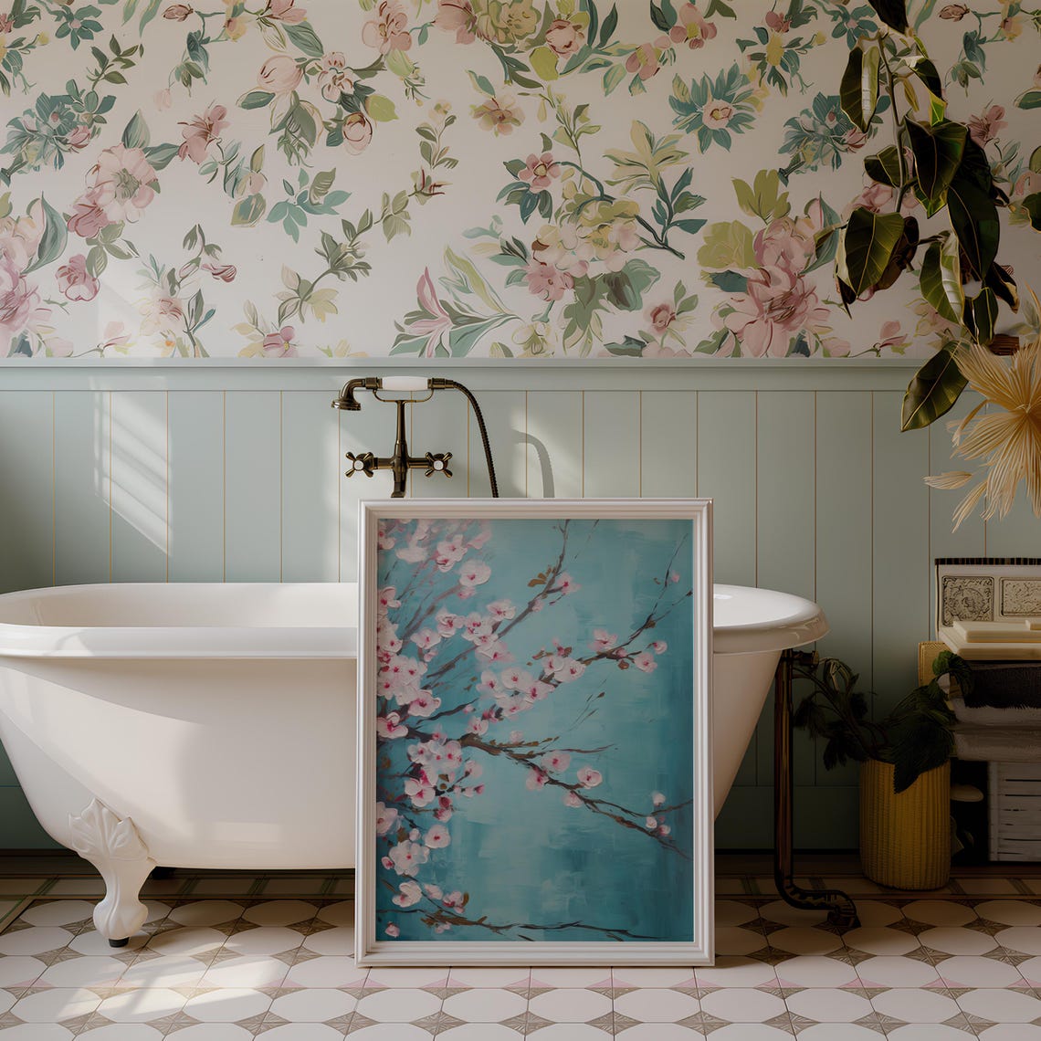 Cherry Blossom Branch Painting Soft Pink Blooms Teal Canvas Poster - Image 3