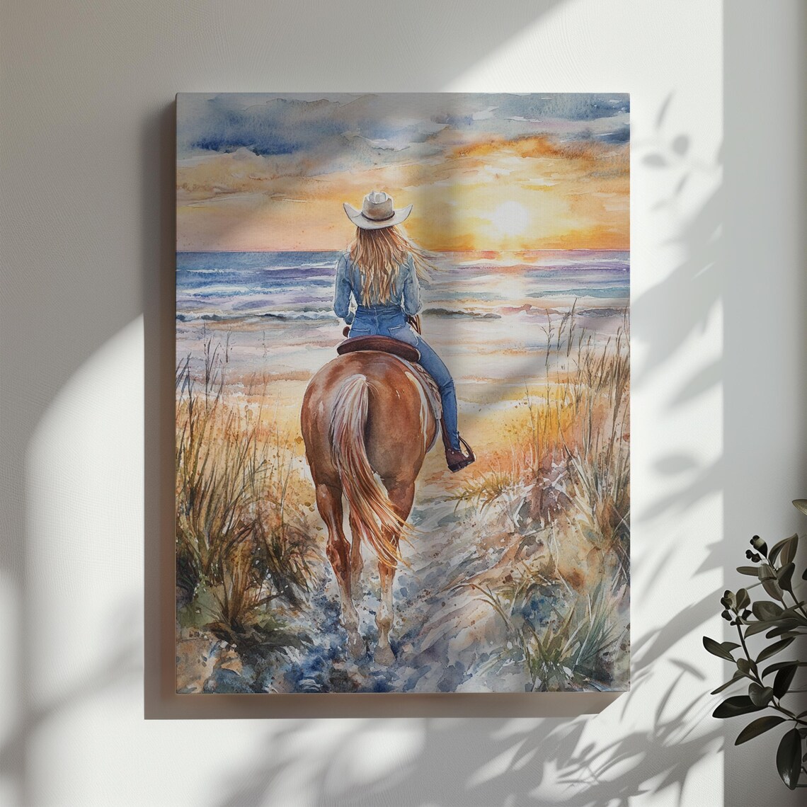 Cowgirl Riding Horse Into Ocean Sunset Watercolor Western Art Poster - Image 3