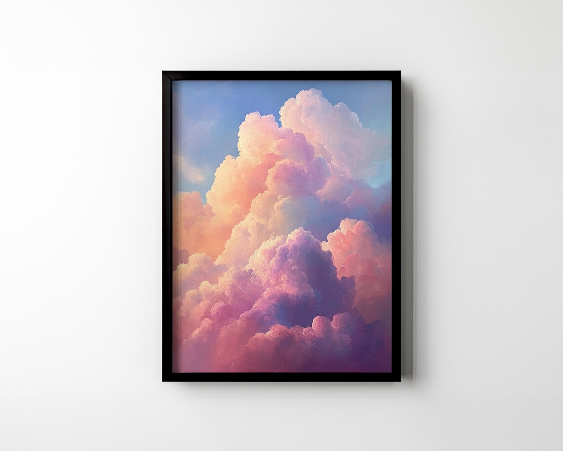 Pink Pastel Clouds Dreamy Sky Calming Bedroom Vintage Oil Poster - Image 2