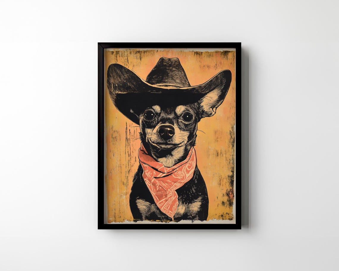 Chihuahua Cowboy Hat Bandana Western Linocut Dog Wall Art Poster - Image 2