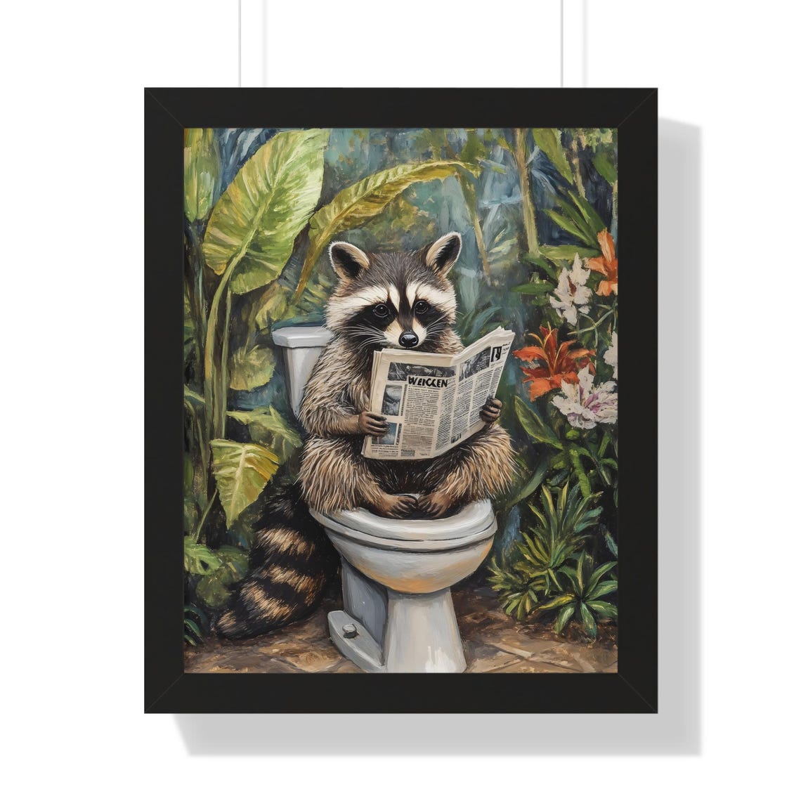 Funny Raccoon Reading Newspaper on a Toilet Tropical Bathroom Poster - Image 3