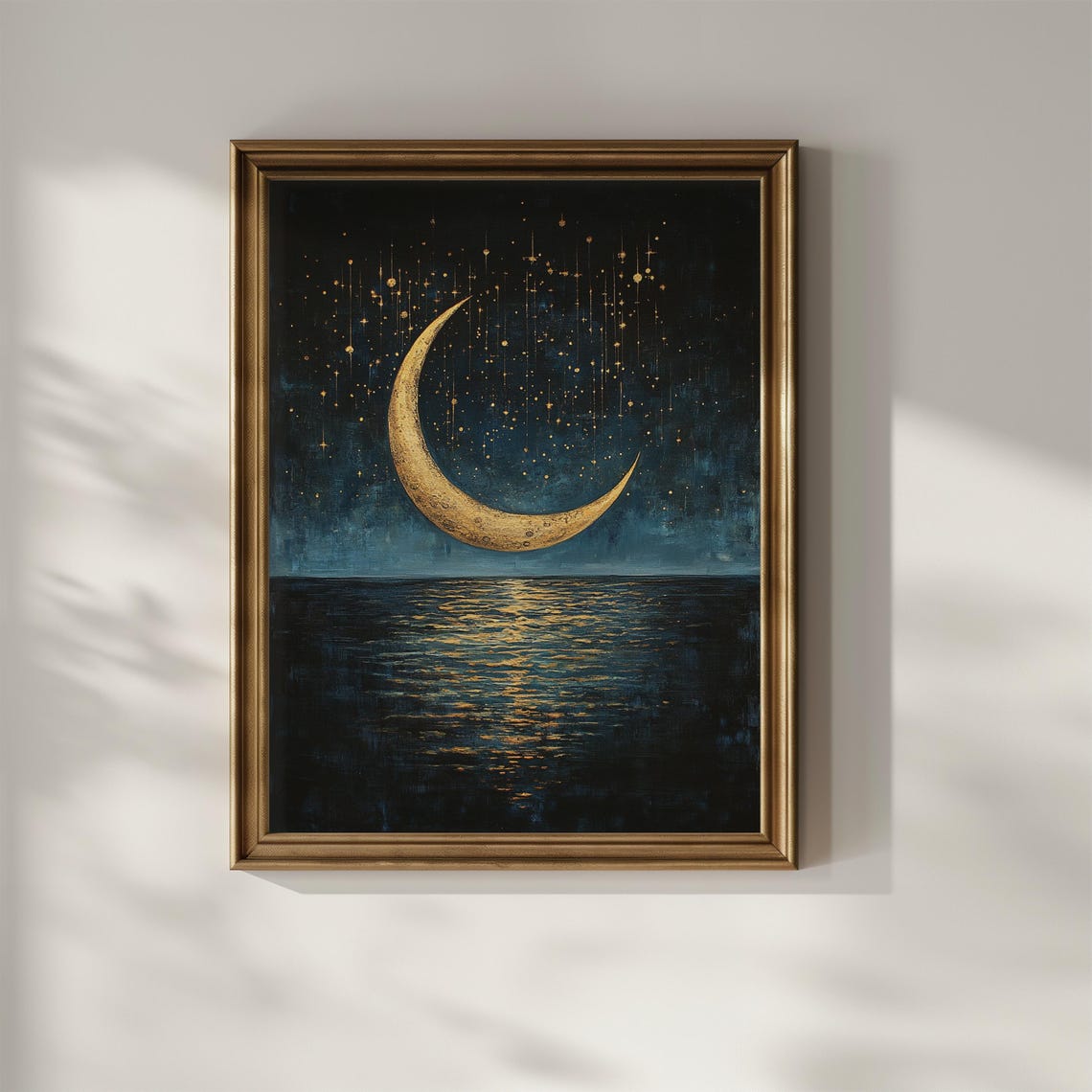 Golden Crescent Moon with Falling Stars Over Dark Ocean Poster - Image 3