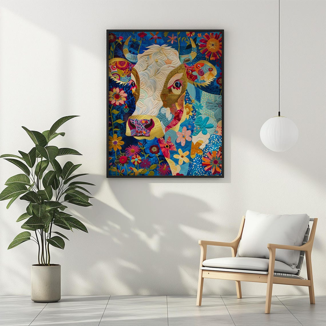 Colorful Patchwork Cow Floral Boho Style Folk Art Animal Poster - Image 3