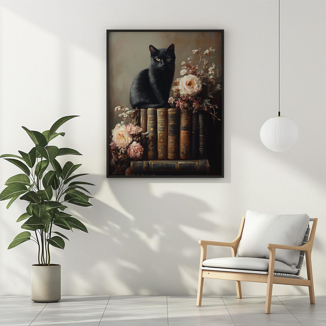 Black Cat on Vintage Books with Pink Roses Dark Academia Poster - Image 2