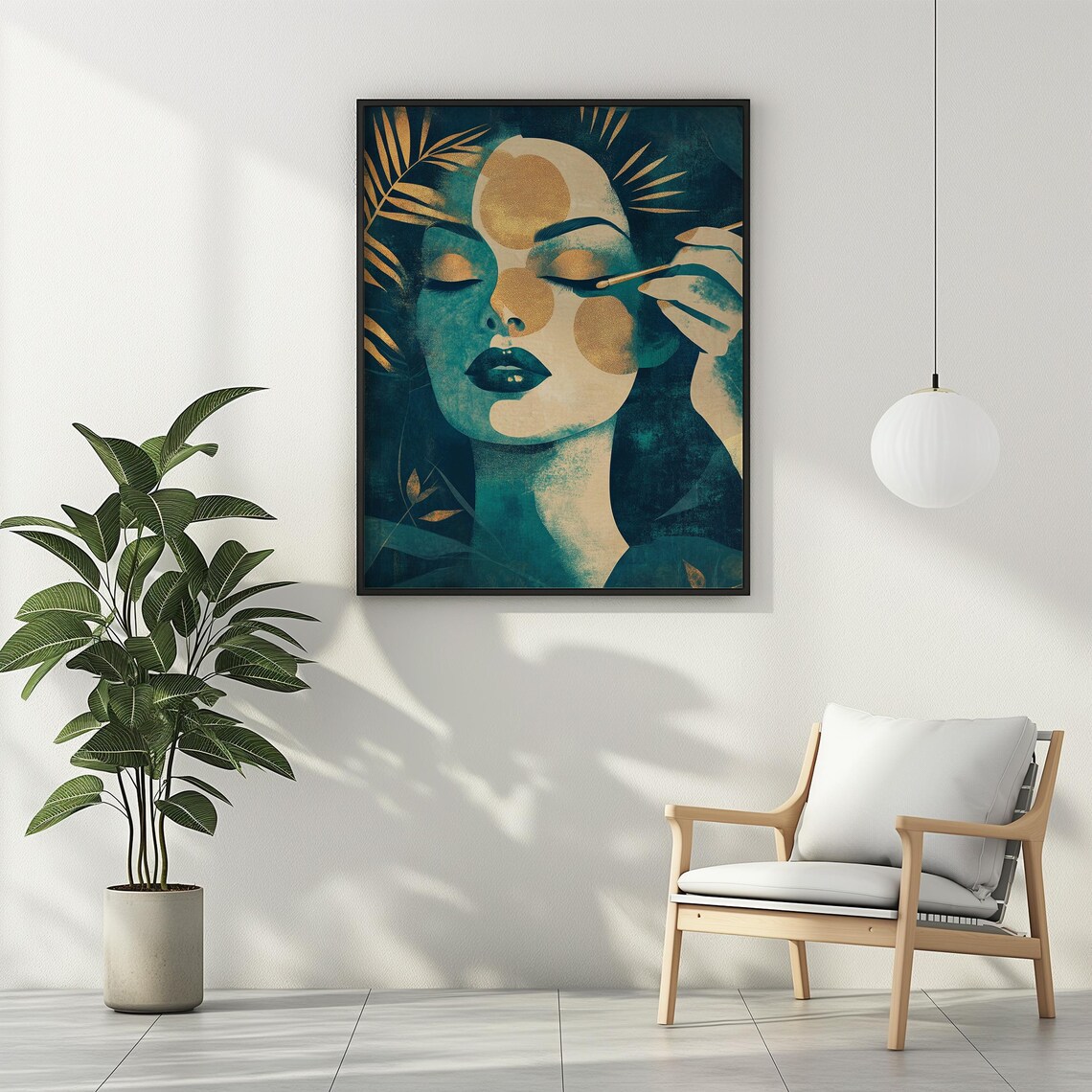 Teal and Gold Woman Applying Makeup Beauty Portrait Art Poster - Image 3