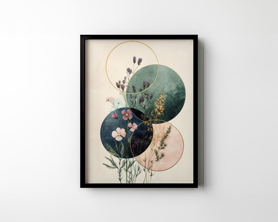 Wildflowers and Gold Ring Circles Modern Botanical Abstract Poster - Image 3