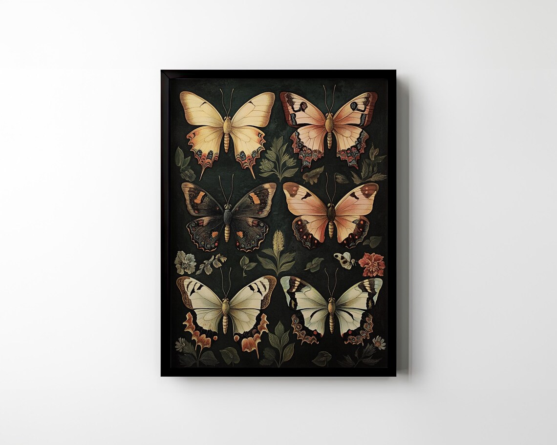 Six Butterfly Entomology Study Moody Dark Academia Floral Vintage Poster - Image 3
