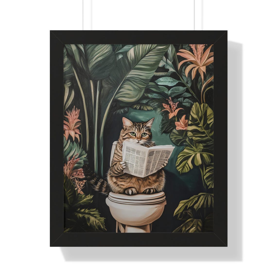 Cat Toilet Poster Print Funny Cat Bathroom Wall Art Wooden Frame Green Tropical Plants Vintage Botanical Gift Idea Restroom Framed Poster - Image 3