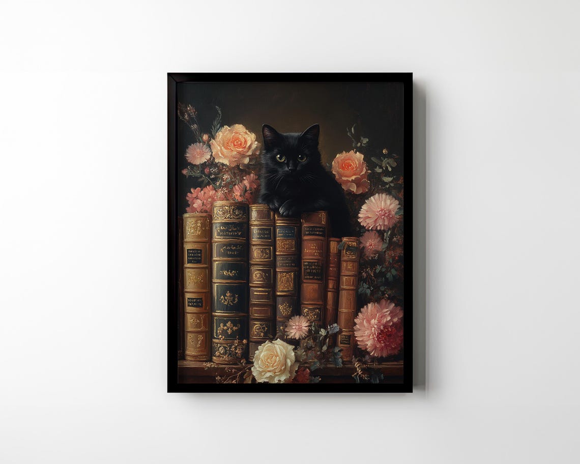 Black Cat among Vintage Book Spines and Roses Dark Art Poster - Image 2