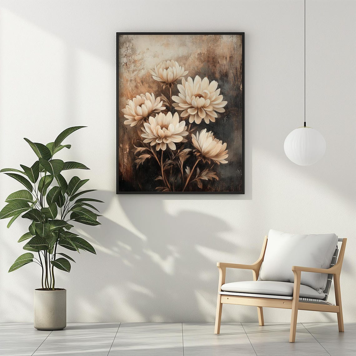 Ivory Chrysanthemums Dark Romantic Floral Oil Painting Vintage Poster - Image 3