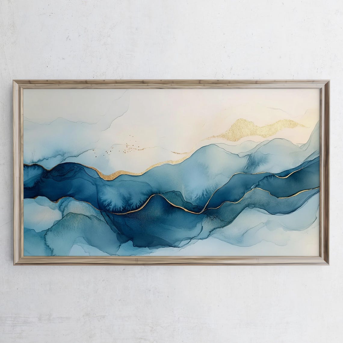 Blue Gold Abstract Ocean Waves Modern Watercolor Wall Art Poster