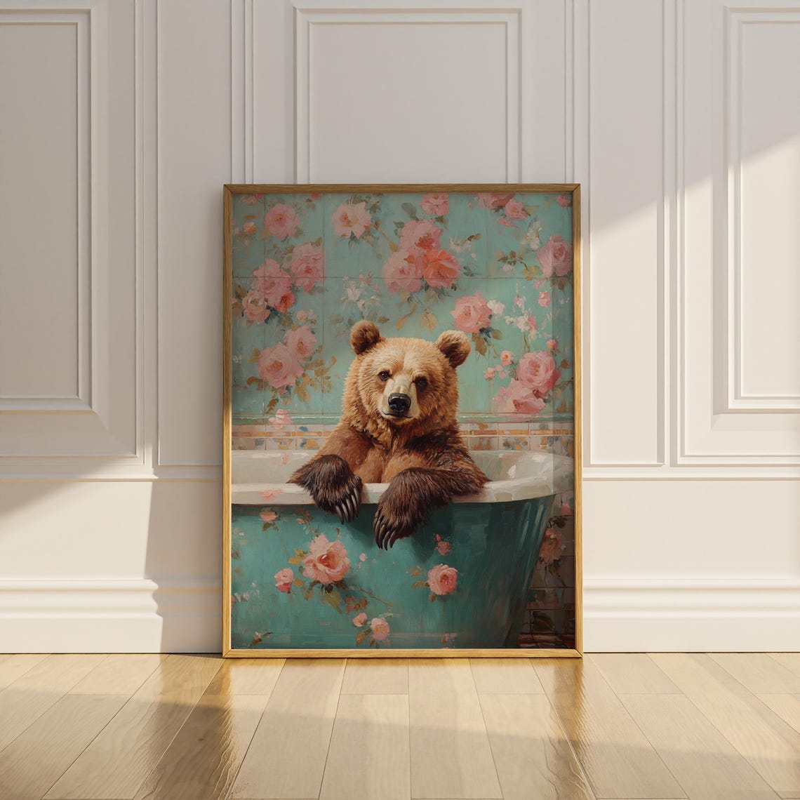 Brown Bear In Vintage Floral Bathtub Funny Romantic Bathroom Poster - Image 2