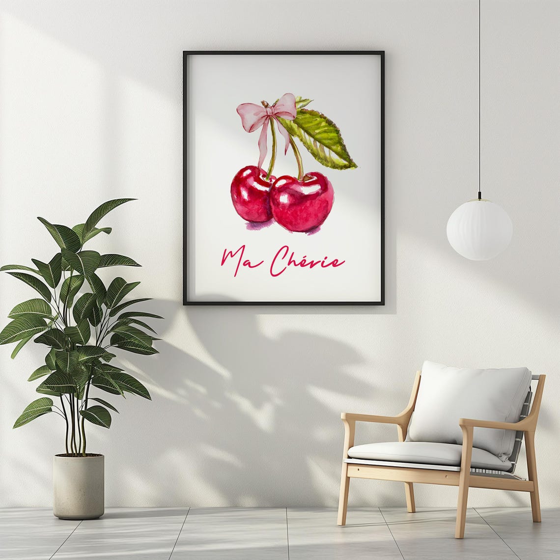Ma Cherie Watercolor Cherries with Pink Bow Romantic French Art Poster - Image 2