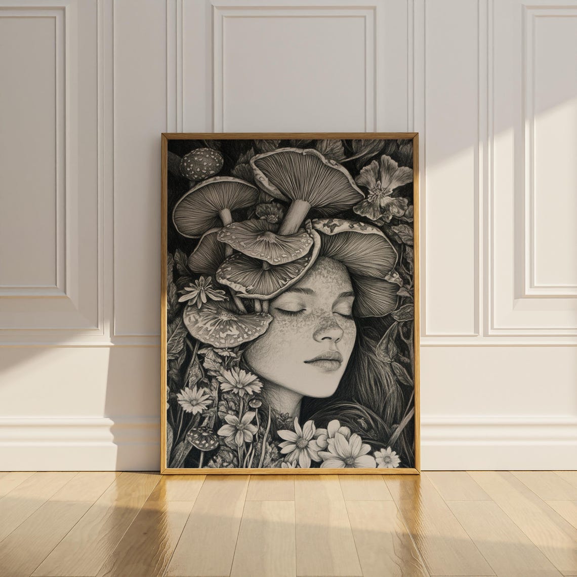 Mushroom Girl Black and White Monochrome Botanical Portrait Art Poster - Image 2