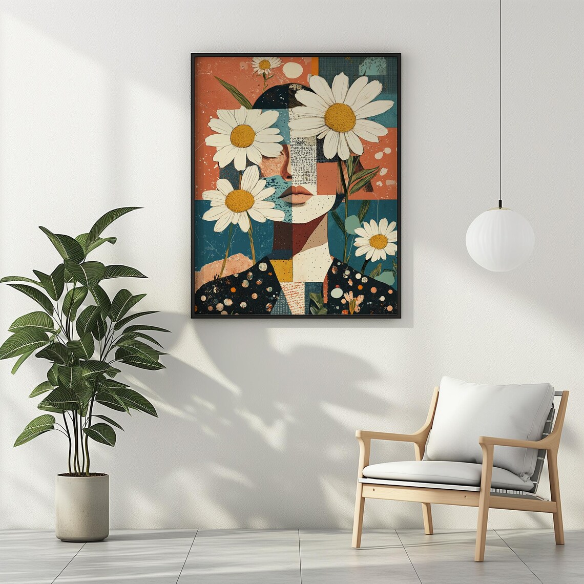 Woman with Daisy Flowers Abstract Collage Portrait Colorful Poster - Image 3