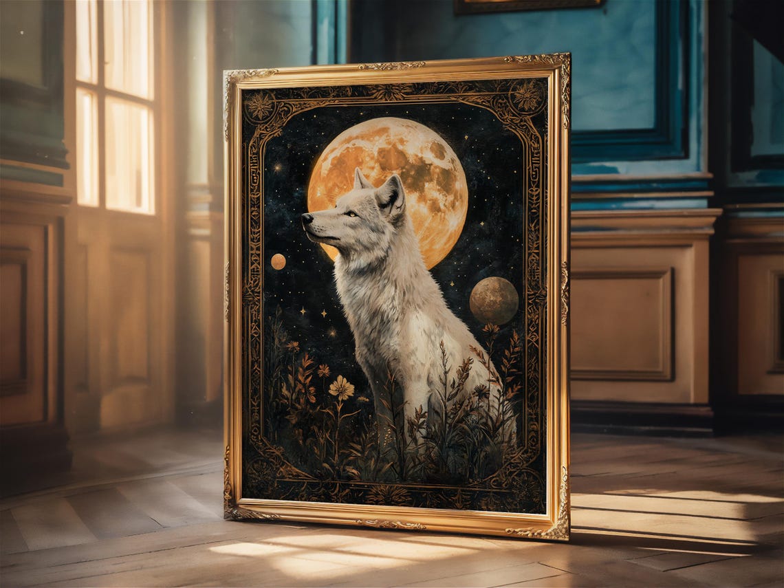White Wolf Profile with a Golden Moon Ornate Witchy Art Poster - Image 3