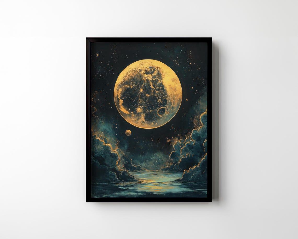 Huge Golden Full Moon Over Misty Night River Starry Sky Wall Art - Image 2
