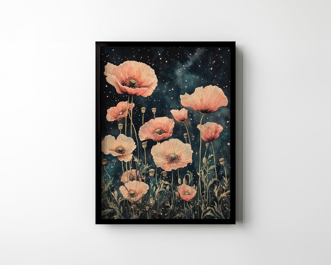 Blush Pink Poppies Against Starry Midnight Sky Botanical Poster - Image 2