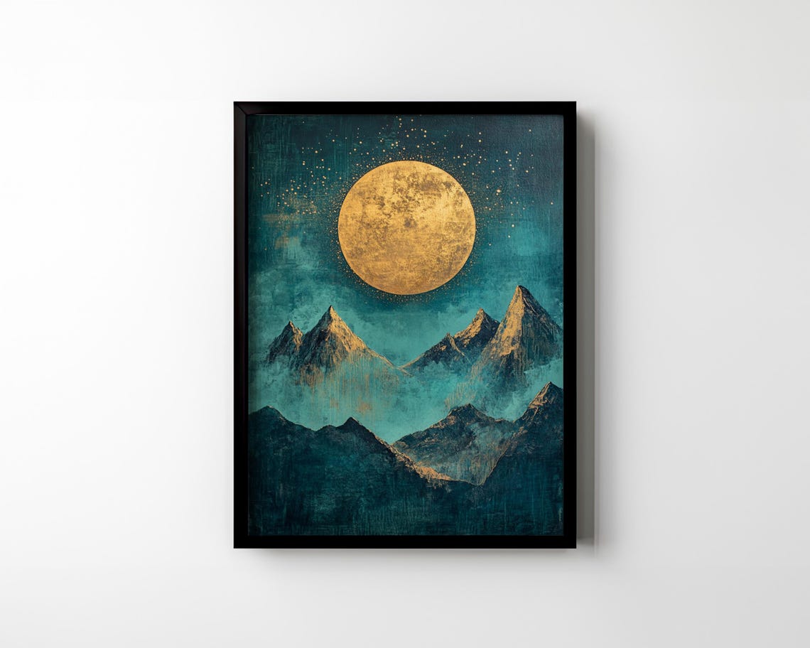 Golden Full Moon Over Teal Mountain Peaks Moody Nature Wall Art - Image 2